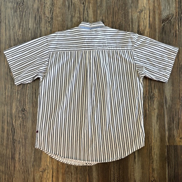Bugle Boy Classics Mens Shirt Size Lg White Black Tan Striped S/S Button Up Logo - Picture 2 of 8